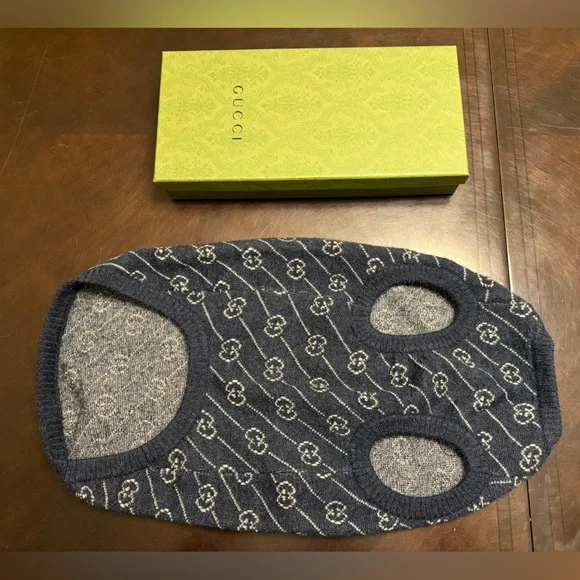 New Authentic Gucci GG Logo Dog Wool Sweater Vest Blue - Picture 4 of 16